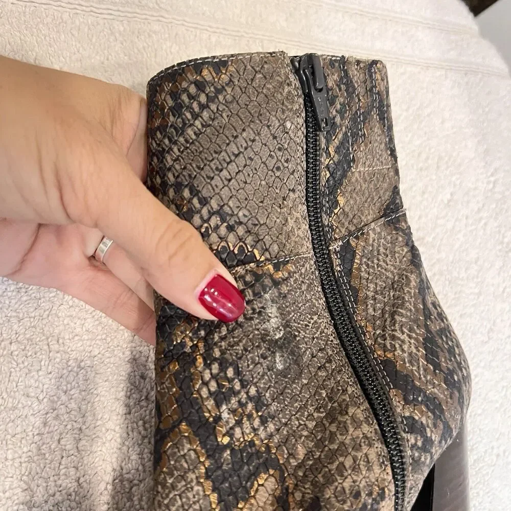Free People Brown Leather Booties Snake Print Heels Women US 7.5 Eu 38 Boho Chic